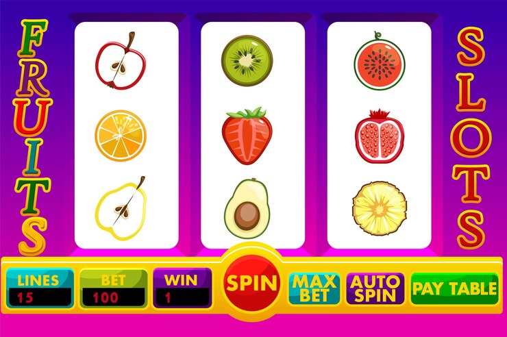 Vector la máquina tragamonedas con el activo del juego de casino fruit