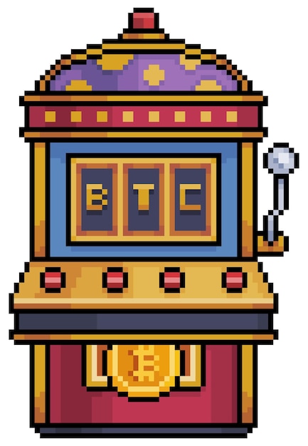 Máquina tragamonedas pixel art bitcoin Apuesta en vector de criptomonedas para juego de 8 bits sobre fondo blanco