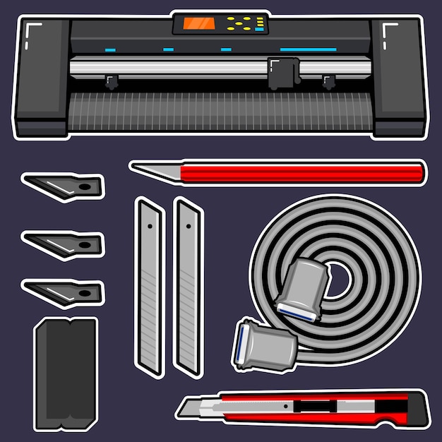 Vector máquina trazador y kit de herramientas de embalaje ilustración de dibujos animados