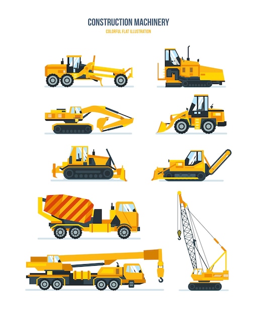 Vector maquinaria de construcción camiones vehículos para transporte grúa mezcladora de hormigón asfáltico