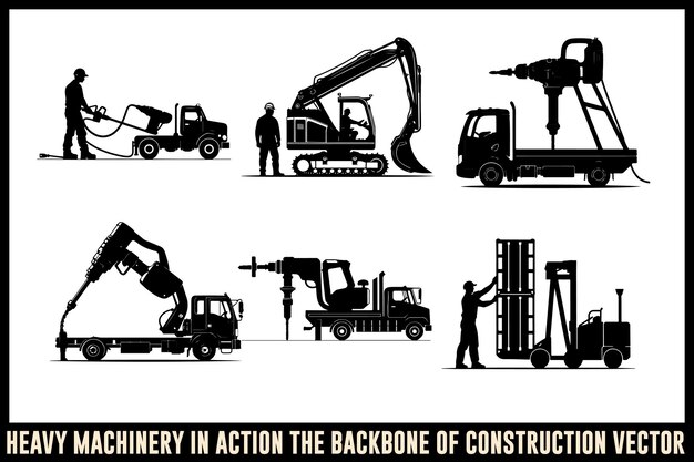 Maquinaria pesada en acción La columna vertebral del paquete vectorial de construcción