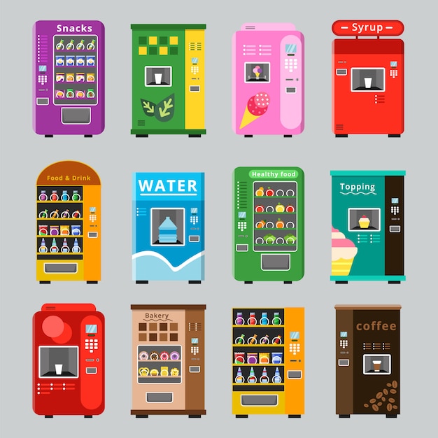 Máquinas expendedoras collcetion. Concepto de mercancía con venta automática de varios bocadillos, agua, café y fotos de alimentos crujientes