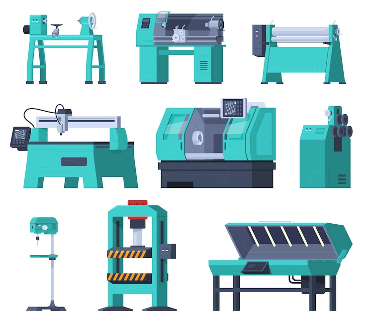 Vector máquinas industriales para procesar metal madera plástico producción de piezas en máquinas mecánicas tecnologías de ingeniería de equipos electrónicos ilustración vectorial