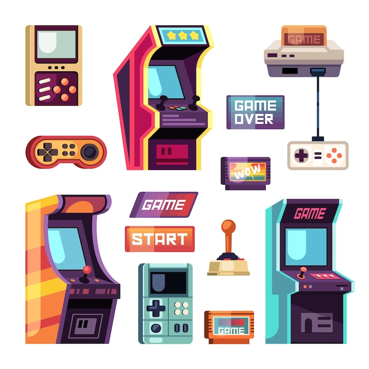 Vector máquinas de juego retro máquinas de juego de estilo retro de 8 bits dibujos animados vintage controladores de juegos arcade máquinas tragamonedas conjunto de dibujos animados vectoriales objetos aislados