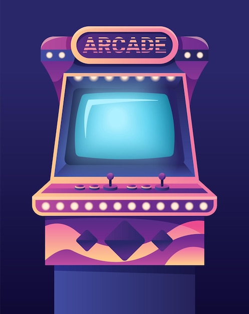 Máquinas de juegos de arcade aisladas en fondo negro ilustración de dibujos animados vectoriales de computadora retro