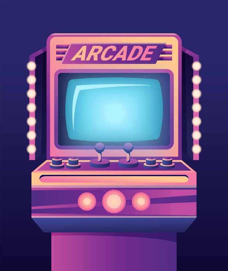 Vector máquinas de juegos de arcade aisladas en fondo negro ilustración de dibujos animados vectoriales de computadora retro