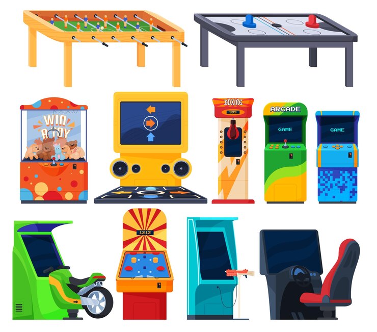 Vector máquinas recreativas de juegos entretenimiento en centros comerciales habitaciones para niños pasar tiempo libre divirtiéndose en máquinas de juego ilustración vectorial
