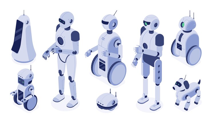Vector máquinas robóticas digitales, desarrollo de android futurista y personaje de robot 3d.