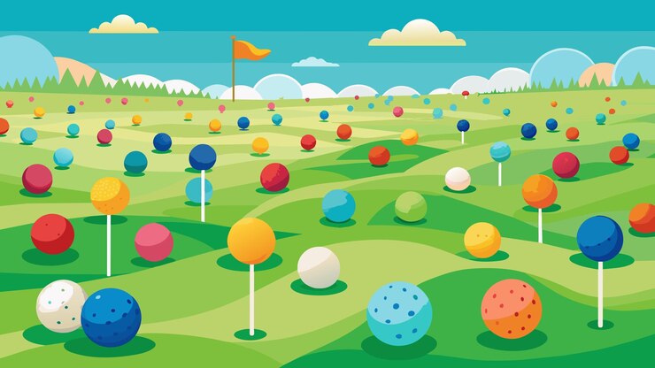 Vector un mar de bolas de golf de colores colocadas a través del campo cada una representando a un jugador aficionado único