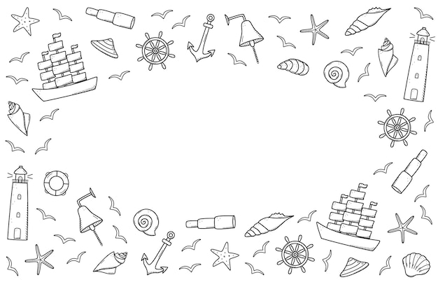 Mar conjunto de elementos doodle iconos de la vida marina Barco telescopio conchas salvavidas ancla volante toro faro y gaviotas Símbolos de ilustración vectorial de marineros o piratas