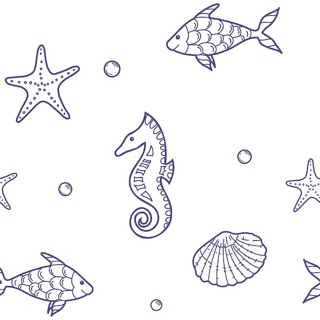 Bajo el mar dibujado a mano Patrón sin costuras con conchas y peces de estrella de mar Caballo de mar Ilustración vectorial arte de línea azul aislado en fondo blanco Para papel tapiz de tela y diseño de playa marina