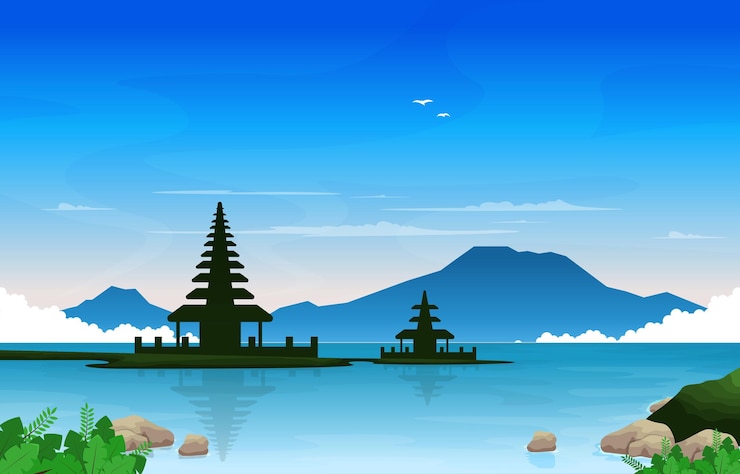 Vector mar montaña templo beratan lago bedugul bali paisaje vista ilustración