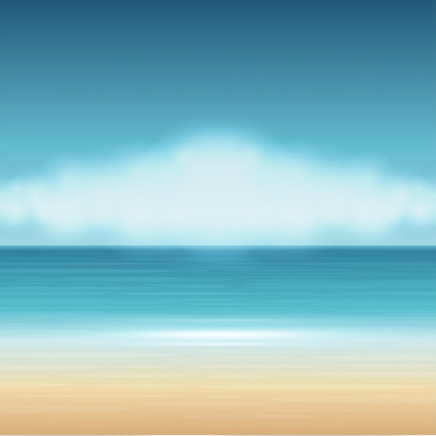 Vector mar de la playa con el fondo del vector de las vacaciones de verano de las nubes.