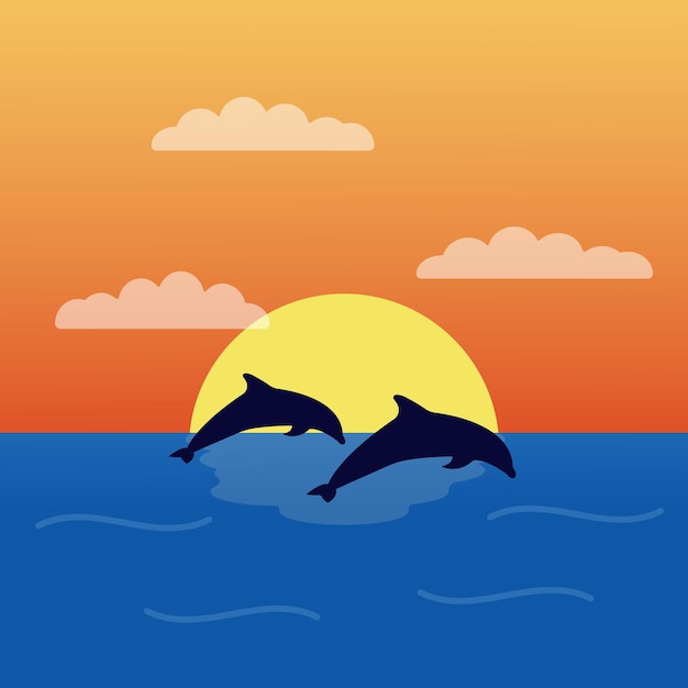 Mar con puesta de sol y delfines