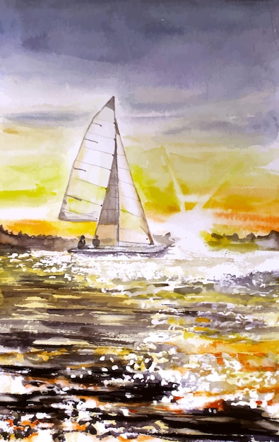 Vector mar velero yate acuarela ilustración paisaje marino puesta de sol