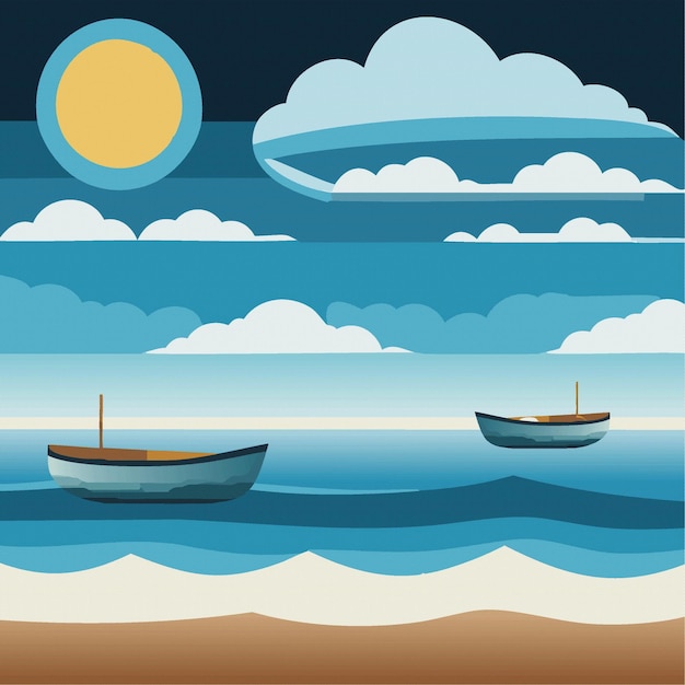 Mar de verano con barco y viaje en barco de sol en las vacaciones de la temporada de verano Ilustración vectorial
