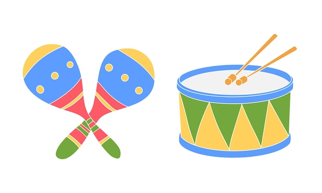 Maracas y tambor Conjunto de instrumentos musicales tradicionales Ilustración de vector dibujado a mano