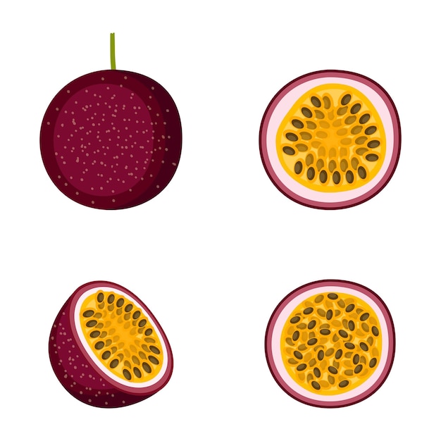 Vector maracuyá, fruta entera y mitades, sobre fondo blanco, ilustración vectorial