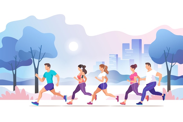 Maratón de la ciudad. Grupo de personas corriendo en el parque público de la ciudad. Estilo de vida saludable. Ilustración de estilo de moda.