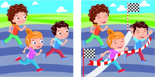 Vector maratón de niños corriendo hasta la meta.