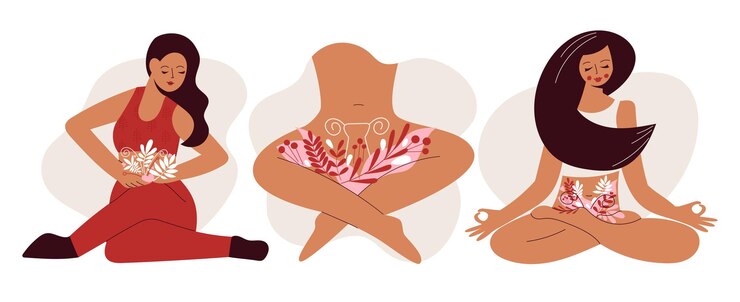Vector maravilla del útero: ginecología y concepto de salud íntima femenina. conjunto de mujeres dibujadas a mano con ginecología femenina floral. sistema reproductor femenino de belleza. ilustración de vector de salud de mujer