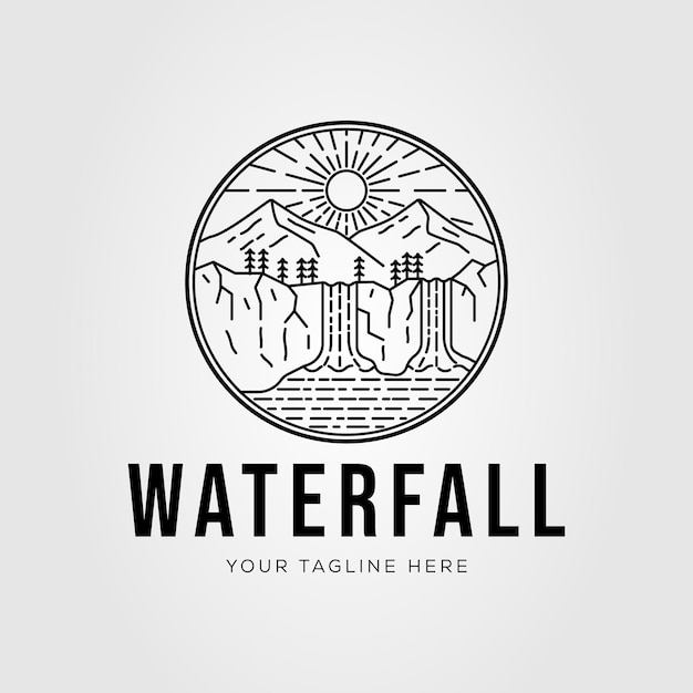 Maravillosa cascada en la naturaleza con diseño de ilustración vectorial del logotipo de la montaña