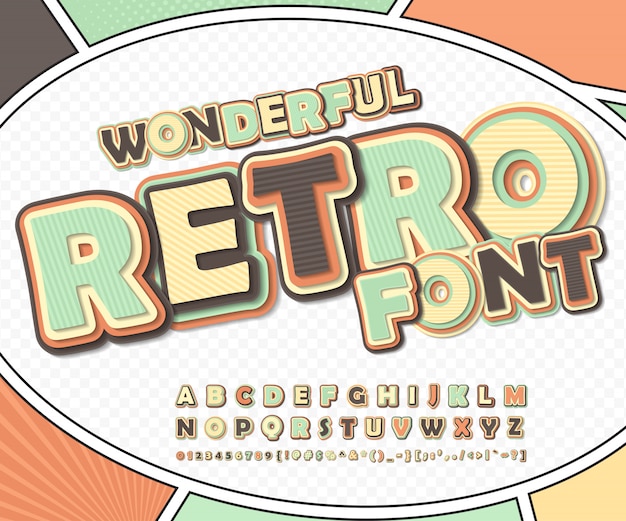 Maravillosa fuente de cómic retro en la página del libro de cómics. Divertido alfabeto de letras y números para la página de cómics de decoración.