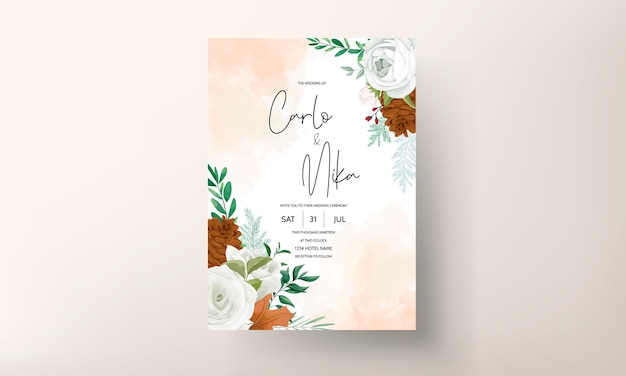 maravillosa tarjeta de invitación de boda con hojas verdes, rosa blanca y flor de pino