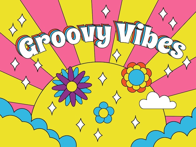 Maravillosas vibraciones retro, cartel de hipster de los años 70 de estilo psicodélico. Estilo hippie, sol abstracto del arco iris y flores hipster vector ilustración de fondo. Cubierta retro psicodélica groovy 70s design