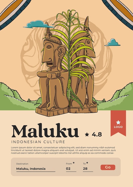 Vector maravilloso destino de indonesia en maluku ambonese inspiración de diseño de ilustración dibujada a mano