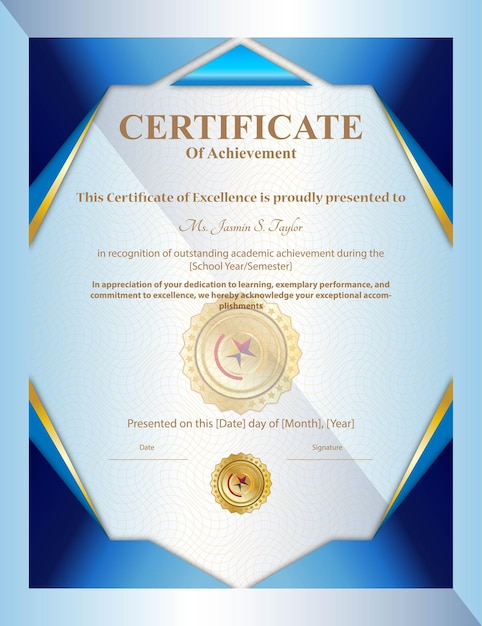 Maravilloso diseño de diseño vectorial de certificado de logro azul con marca de agua rodeada de azul