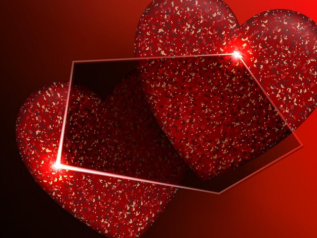 Maravilloso marco poligonal de corazones rojos texturizados con borde claro y brillo