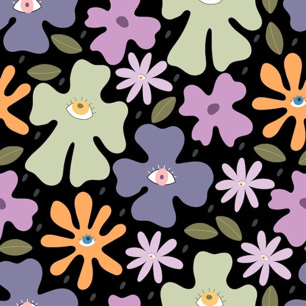 maravilloso patrón springseamless con flores de dibujos animados estilo retro
