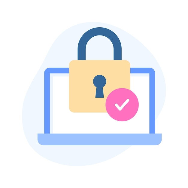 Vector marca en el candado con el portátil que denota el icono plano de seguridad verificado