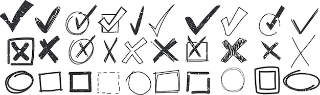 Marca de chequeo de Doodle conjunto de checklist de boceto icono vector dibujado a mano
