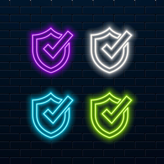 Marca de comprobación en estilo neón Marca de verificación púrpura Signo retro con ilustración vectorial de neón brillante