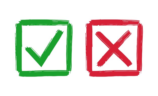 Marca de comprobación de grunge y símbolos de cruz dibujados a mano con pinceladas secas iconos de lista de comprobación