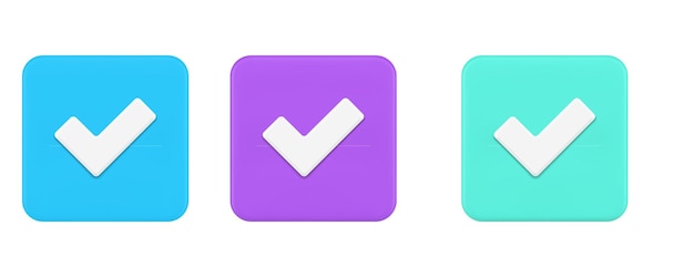 Marca de comprobación hecha aceptar botón cuadrado solución positiva confirmación correcta icono 3D conjunto vector