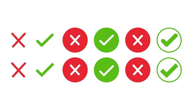 Marca de comprobación verde y cruz roja en un símbolo vectorial de fondo blanco aislado para elecciones correctas e incorrectas