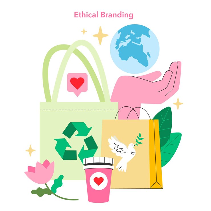 Vector marca ética en el comercio minorista de adolescentes ilustración de compras sostenibles con reciclaje de bolsas ecológicas