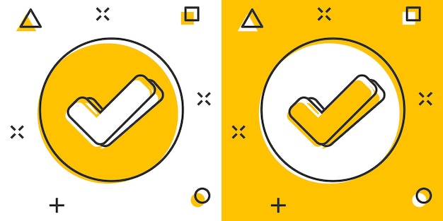 Marca el icono en estilo cómic Ok acepta pictograma de ilustraciones de dibujos animados vectoriales Tick concepto de negocio efecto salpicaduras