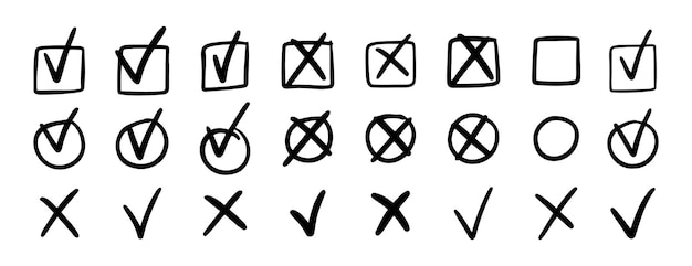 Marca el icono de la marca de comprobación Marca los íconos de la cruz dibujados a mano con trazos negros Marca los elementos de la lista de comprobación Casilla de comprobación Icono de marca de verificación Doodle