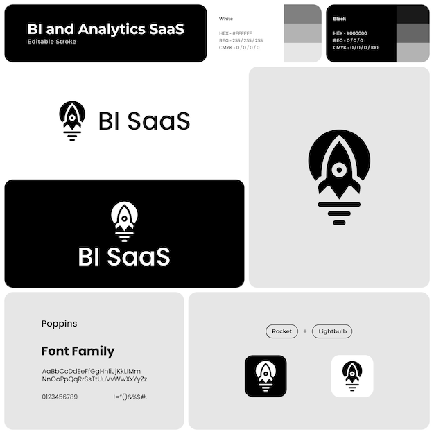 Marca de logotipo de negocio monocromático para BI y análisis SaaS Icono de cohete y bombilla Elemento de diseño Identidad visual Poppins fuente adecuada para software de inteligencia de negocios computación en la nube