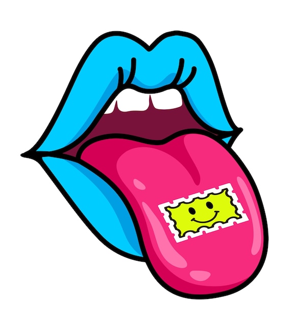 marca lsd en la lengua viaje de drogas psicodélicas marca de ácido drogas adhesivo de dibujos animados retro psicodélicos lengua con drogas pancarta divertida boca cómica icono vectorial
