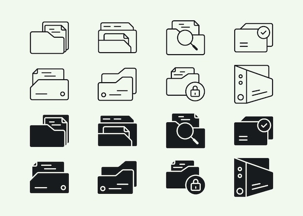 Marca plana y variación de campo conjunto de iconos de carpeta y contenedor de archivos minimalistas