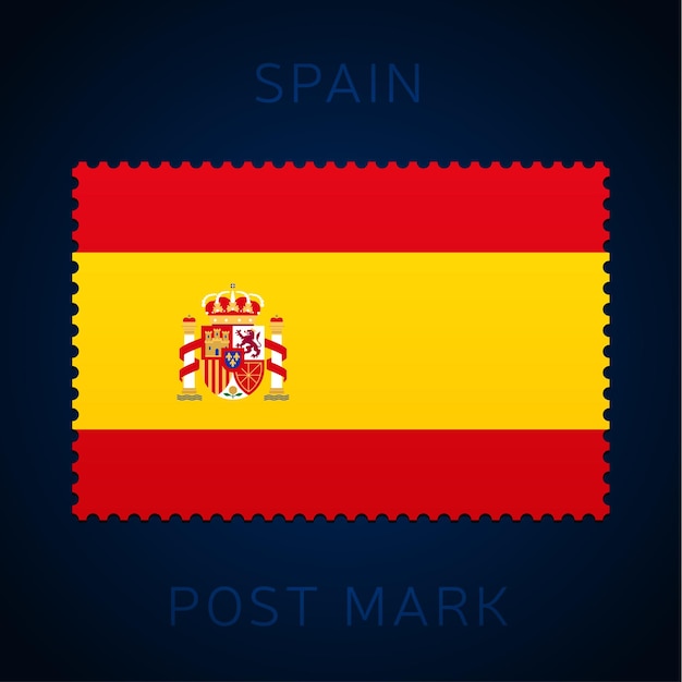 Vector marca postal de españa. sello de la bandera nacional aislado en la ilustración del vector del fondo blanco. sello con el patrón oficial de la bandera del país y el nombre de los países