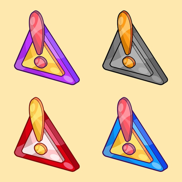 Marca de precaución isométrica triangular establecida en diseño de vectores de diferentes colores