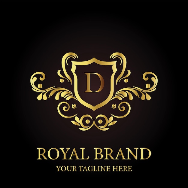 Marca Real de Lujo Un diseño de logotipo con escudo elegante de oro y flores ornamentales de fondo negro