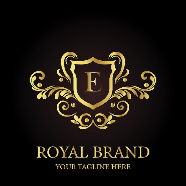 Marca Real de Lujo Un diseño de logotipo con escudo elegante de oro y flores ornamentales de fondo negro
