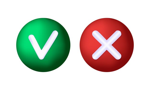 Marca de verificación 3D y botones cruzados sobre fondo blanco.
